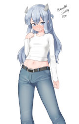 Rule 34 | 1girl, absurdres, alternate costume, blue eyes, blue hair, denim, fake horns, feet out of frame, grey pants, headgear, highres, horned headwear, horns, i-203 (kancolle), jeans, kantai collection, light blue hair, long hair, long sleeves, looking at viewer, maru (marg0613), midriff, navel, one-hour drawing challenge, pants, shirt, sidelocks, simple background, solo, standing, twitter username, white background, white shirt