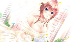 Rule 34 | 1girl, blue eyes, bouquet, breasts, bridal veil, bride, brown hair, closed mouth, door, dress, flower, game cg, highres, himukai chihiro, himukai chihiro wa shigoto ga tsuzukanai, holding, holding bouquet, jewelry, large breasts, looking at viewer, mole, mole under eye, necklace, non-web source, rose, smile, solo, strapless, strapless dress, veil, wedding, wedding dress, white dress