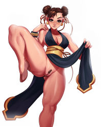 Rule 34 | 1girl, absurdres, bare legs, black dress, blush, breasts, brown eyes, brown hair, capcom, chun-li, cleavage, clitoris, clothes lift, commentary, dirty ero, double bun, dress, earrings, english commentary, eyeliner, eyeshadow, female pubic hair, gluteal fold, hair bun, hair ribbon, high heels, highres, jewelry, large breasts, lips, long dress, looking at viewer, makeup, naughty face, no bra, no panties, official alternate costume, pelvic curtain, pelvic curtain lift, presenting, pubic hair, pussy, pussy juice, red ribbon, ribbon, sash, short hair, sideboob, solo, standing, standing on one leg, street fighter, street fighter v, studded bracelet, thick thighs, thighs, uncensored, white background