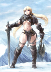 Rule 34 | 1girl, abs, arm warmers, armor, axe, barbarian, battle axe, blonde hair, breasts, brooch, capelet, clip studio paint (medium), commentary, commentary request, dual wielding, english commentary, fingerless gloves, full body, fur capelet, fur trim, gloves, greaves, grey thighhighs, highres, holding, holding axe, ironlily, jewelry, leg warmers, leg wrap, long hair, low twintails, making-of available, medium breasts, mixed-language commentary, mountain, original, pelvic curtain, planted, planted sword, planted weapon, purple eyes, revision, snow, solo, standing, sword, thick thighs, thighhighs, thighs, twintails, underboob, weapon
