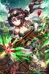 Rule 34 | 1girl, ahoge, aqua skirt, armor, belt, black thighhighs, blush, bow (weapon), breasts, brown hair, choker, cleavage, collarbone, copyright name, crossbow, day, detached sleeves, floating hair, frilled skirt, frills, gabiran, gloves, goggles, goggles on head, grand sphere, green eyes, green gloves, hair between eyes, holding, holding weapon, long hair, looking at viewer, midriff, miniskirt, navel, official art, outdoors, pauldrons, pleated skirt, shoulder armor, skirt, small breasts, smile, solo, stomach, thighhighs, weapon