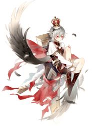 Rule 34 | 1boy, artist request, black hairband, boots, bow, brown footwear, capelet, crown, earrings, feather earrings, feathered wings, feathers, food fantasy, grey hair, grey wings, hairband, hand on own knee, highres, jewelry, knee up, long sleeves, looking down, male focus, official art, pom pom (clothes), puffy long sleeves, puffy sleeves, red bow, red eyes, sitting, sleeves past wrists, solo, sword, tachi-e, transparent background, turkey (food fantasy), weapon, white capelet, wings