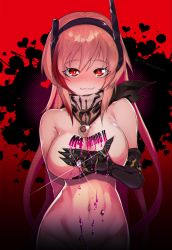 Rule 34 | 1girl, absurdres, blonde hair, body writing, breasts, character name, covering privates, covering breasts, girls&#039; frontline, headgear, heart, highres, jewelry, large breasts, long hair, looking at viewer, m4 sopmod ii (girls&#039; frontline), mechanical arms, multicolored hair, navel, nude, out-of-frame censoring, red eyes, red hair, ring, ryuu tou, single mechanical arm, smile, solo, streaked hair