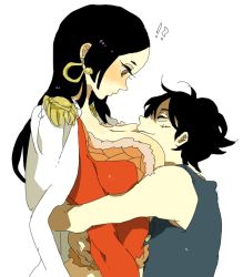 Rule 34 | !?, 1boy, 1girl, amazon lily, amazon warrior, between breasts, black hair, blush, boa hancock, breast smother, breasts, cleavage, earrings, face to breasts, height difference, hetero, hug, huge breasts, jacket, jacket on shoulders, jewelry, kinako (marubotan), long hair, monkey d. luffy, one piece, scar, size difference