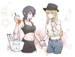 Rule 34 | 2girls, asahina yuni, bag, bare shoulders, black headwear, black skirt, black tank top, blonde hair, blue eyes, blue hair, blue pants, blush, bracelet, breasts, cheating (relationship), chinese commentary, cleavage, closed mouth, collarbone, commentary request, cowboy shot, crop top, crop top overhang, cropped legs, cup, disposable cup, earrings, handbag, haoxiangkan nutong, highres, holding, holding cup, holding hands, jewelry, kyou wa kanojo ga inai kara, large breasts, long hair, looking at another, medium hair, midriff, miniskirt, multiple girls, navel, off-shoulder shirt, off shoulder, pants, shirt, sidelocks, skirt, spaghetti strap, star (symbol), star earrings, stomach, taki fuuko, tank top, white background, yuri