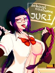 Rule 34 | 1girl, ap cammy, blouse, blunt bangs, bow, bowtie, braid, braided ponytail, breasts, chalk, chalkboard, cleavage, collared shirt, english text, glasses, han juri, highres, holding, holding chalk, large breasts, naughty face, open clothes, open shirt, red bow, red bowtie, school uniform, shirt, smile, solo, street fighter, street fighter v, teeth, tongue, tongue out, upper teeth only, white shirt