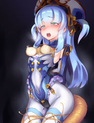 Rule 34 | 1girl, arms behind back, blue hair, blush, bodysuit, breasts, breath, costume request, covered erect nipples, covered navel, crystal, green eyes, heavy breathing, long hair, open mouth, original, sidelocks, small breasts, solo, tomonao, two side up, very long hair