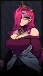 Rule 34 | 1girl, alternate costume, bare shoulders, breasts, choker, cleavage cutout, clothing cutout, collar, cross, crown, dumplingpastel, embarrassed, female focus, hair over one eye, highres, jewelry, large breasts, long hair, looking down, mature female, necklace, parasoul (skullgirls), queen nancy renoir, red hair, shiny skin, shirt, skullgirls, solo, tied shirt, yellow eyes