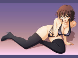 Rule 34 | 00s, 1girl, bikini, boots, breasts, brown hair, cleavage, covered erect nipples, full body, glasses, gradient background, grey eyes, gundam, gundam 00, high heels, large breasts, shirin bakhtiar, shoes, smile, solo, swimsuit, tadano akira, thigh boots, thighhighs