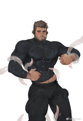 Rule 34 | 1boy, abs, amo (amo9612), bara, beard, black pants, blush, brown hair, bulge, chris redfield, clothes lift, covered abs, covered erect nipples, facial hair, feet out of frame, headphones, highres, imminent anal, imminent penetration, large pectorals, lifting own clothes, liquid, looking at viewer, male focus, mature male, midriff peek, muscular, muscular male, navel, navel hair, nipples, paid reward available, pants, pectorals, resident evil, resident evil 5, shirt, shirt lift, short hair, skin tight, solo, stomach, stubble, taut clothes, taut shirt, tentacles, tentacles on male, tentacles under clothes, thick thighs, thighs, tight clothes, tight pants, undercut, wet