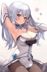 Rule 34 | 1girl, arm up, armpits, bad id, bad twitter id, bare shoulders, blue eyes, blush, borrowed character, breasts, character request, cleavage, closed mouth, commentary request, copyright request, detached collar, dress, elbow gloves, fingerless gloves, fingernails, gloves, gradient background, highres, large breasts, long hair, looking at viewer, nail polish, pantyhose, shiny clothes, short dress, silver hair, simple background, sitting, smile, solo, srm chi, strapless, strapless dress