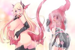Rule 34 | 2girls, ass, blonde hair, blush, breasts, clothed female nude female, demon girl, demon horns, elbow gloves, female focus, gloves, horns, huge breasts, long hair, multiple girls, nipples, nude, open mouth, original, plump, pointy ears, purple eyes, scared, tail, tail vore, thighhighs, triplebunny, vore, x-ray