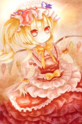 Rule 34 | 1girl, absurdres, adapted costume, bad id, bad pixiv id, blonde hair, blue bow, bow, dress, flandre scarlet, frilled dress, frills, hat, hat bow, hat ribbon, highres, layered dress, looking at viewer, puffy short sleeves, puffy sleeves, red eyes, red ribbon, ribbon, rinne (kouheiramia), scrunchie, short hair, short sleeves, side ponytail, simple background, smile, solo, touhou, wings, wrist cuffs, yellow bow