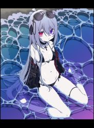 Rule 34 | 1girl, ahoge, bare shoulders, bikini, black bikini, black choker, black ribbon, breasts, choker, clothes down, cross, cross choker, expressionless, eyewear on head, goth fashion, grey hair, hair between eyes, hair ribbon, heterochromia, highres, jacket, long hair, looking at viewer, mearylis (yamanasi mikage), navel, open clothes, open jacket, original, pale skin, partially submerged, purple eyes, red eyes, ribbon, side-tie bikini bottom, sitting, small breasts, solo, sunglasses, swimsuit, thigh strap, very long hair, wariza, water, wet, yamanasi mikage