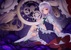 Rule 34 | 1girl, absurdres, black footwear, bow, commentary request, frills, gloves, green bow, hair bow, highres, holding, holding weapon, holster, izayoi sakuya, kneehighs, knife, looking at viewer, maid headdress, petticoat, puffy short sleeves, puffy sleeves, red eyes, short sleeves, sitting, skindentation, socks, solo, thigh holster, touhou, weapon, white gloves, white hair, white socks, wrist cuffs, xian yu zhanshi