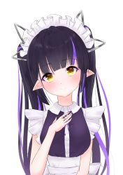 Rule 34 | 1girl, nanashi inc., absurdres, alternate costume, apron, black hair, blunt bangs, blush, breasts, closed mouth, commentary request, demon girl, demon horns, dress, enmaided, frilled apron, frills, highres, horns, jewelry, kiyama motonobu, kojo anna, long hair, looking at viewer, maid, maid apron, maid headdress, medium breasts, multicolored hair, neck ribbon, pointy ears, purple dress, purple hair, purple ribbon, ribbon, ring, simple background, smile, solo, sugar lyric, transparent background, twintails, two-tone hair, upper body, virtual youtuber, white apron, yellow eyes
