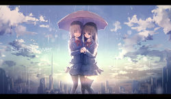 Rule 34 | 2girls, :d, ^ ^, backlighting, black legwear, blazer, blue jacket, blue skirt, blue sky, blush, bow, bowtie, brown hair, building, cityscape, closed eyes, cloud, day, english text, eyebrows, high-waist skirt, holding, holding umbrella, jacket, layered skirt, letterboxed, long sleeves, missile228, multiple girls, open mouth, original, outdoors, pantyhose, plaid, rain, red bow, red bowtie, sidelocks, skirt, sky, skyscraper, smile, standing, sunlight, thighhighs, tower, umbrella, water, yuri