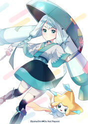 Rule 34 | 1girl, :d, black skirt, black thighhighs, blue eyes, blue hair, blue hat, blue skirt, chin strap, closed mouth, commentary, creatures (company), flute, game freak, gen 3 pokemon, grey kimono, grey shorts, hat, hat ornament, hatsune miku, highres, instrument, japanese clothes, jirachi, kimono, legendary pokemon, light blue hair, long hair, miniskirt, mythical pokemon, nintendo, open mouth, over-kneehighs, poke flute, pokemon, pokemon (creature), project voltage, sandogasa, shi mohaji, shorts, shorts under skirt, skirt, smile, solo, star (symbol), star hat ornament, steel miku (project voltage), symbol-only commentary, tanzaku, thighhighs, third eye on chest, twintails, twitter username, two-tone skirt, very long hair, vocaloid, wide sleeves