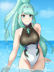 Rule 34 | 1girl, breasts, green eyes, green hair, highres, large breasts, long hair, navel, one-piece swimsuit, partially submerged, pneuma (xenoblade), ponytail, skin tight, smile, swimsuit, thighs, water, xenoblade chronicles (series), xenoblade chronicles 2, yaizaberry