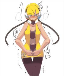 Rule 34 | 1girl, bare shoulders, black leggings, black neckwear, blonde hair, blue eyes, blush, breasts, cable, choker, collarbone, creatures (company), elesa (pokemon), embarrassed, female focus, game freak, grey shirt, half-closed eyes, have to pee, headphones, leggings, looking to the side, nintendo, npc trainer, own hands together, pokemon, pokemon bw, shiny skin, shirt, short hair, simple background, sleeveless, small breasts, solo, standing, steam, strapless, strapless shirt, sweat, t=k, text focus, thigh gap, translation request, trembling, vest, white background, yellow vest