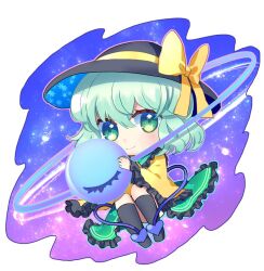 Rule 34 | 1girl, black hat, black socks, blue heart, blush, bow, chibi, closed mouth, commentary request, frilled skirt, frilled sleeves, frills, galaxy, green eyes, green hair, green skirt, hair between eyes, hair ribbon, hat, hat bow, hugging object, komeiji koishi, long sleeves, looking at viewer, multicolored hair, petals, ribbon, rose petals, shirt, simple background, skirt, sky, smile, socks, solo, star (sky), starry sky, third eye, touhou, tsukikusa, wavy hair, white background, wide sleeves, yellow bow, yellow ribbon, yellow shirt