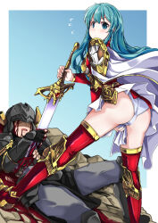 Rule 34 | 1boy, 1girl, aqua hair, armor, ass, blood, blood on clothes, blood on face, blue eyes, blush, boots, cape, commentary request, eirika (fire emblem), eruichi (redphantom), fire emblem, fire emblem: the sacred stones, flying sweatdrops, highres, long hair, looking at viewer, looking back, miniskirt, nintendo, panties, pants, red footwear, red thighhighs, shoulder armor, simple background, skirt, stone floor, thigh boots, thighhighs, underwear, upskirt, white cape, white panties