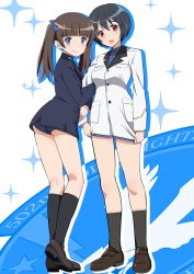 Rule 34 | 502nd joint fighter wing, 502nd joint fighter wing (emblem), arm up, ass, black hair, black legwear, blue eyes, blue jacket, blue one-piece swimsuit, blue ribbon, blue shirt, blunt bangs, brave witches, brown footwear, brown hair, closed mouth, commentary request, cosplay, costume switch, dress shirt, georgette lemare, hair ribbon, high collar, highres, jacket, jacket tug, kaneko (novram58), loafers, long hair, long sleeves, looking at viewer, looking back, no pants, one-piece swimsuit, open mouth, partial commentary, red eyes, ribbon, shimohara sadako, shirt, shoes, short hair, silhouette, smile, socks, sparkle, swimsuit, swimsuit under clothes, twintails, white jacket, world witches series