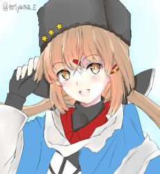 Rule 34 | 1girl, black bow, blue shawl, bow, brown eyes, brown hair, eriyama e, fur hat, gradient background, hair between eyes, hair ornament, hairclip, hat, jacket, kantai collection, long hair, long sleeves, looking at viewer, low twintails, open mouth, papakha, red shirt, scarf, shawl, shirt, solo, star (symbol), tashkent (kancolle), torn clothes, torn scarf, twintails, twitter username, white jacket, white scarf