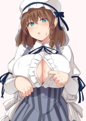 Rule 34 | 1girl, aqua eyes, blue ribbon, blush, bonnet, braid, breasts, brown hair, bursting breasts, charlotte corday (fate), charlotte corday (second ascension) (fate), cleavage, dress, fate/grand order, fate (series), grey skirt, hair between eyes, juliet sleeves, large breasts, long sleeves, looking at viewer, neck ribbon, open mouth, paizuri invitation, partially unbuttoned, puffy sleeves, ribbon, shiseki hirame, short hair, side braid, simple background, skirt, solo, white dress
