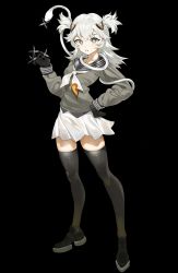 Rule 34 | + +, 1girl, absurdres, alchemy stars, black background, black footwear, black gloves, black thighhighs, breasts, florine (alchemy stars), gloves, grey eyes, grey shirt, hair ornament, hand on own hip, hand up, highres, holding shuriken, holding weapon, long hair, long sleeves, looking at viewer, miniskirt, mosquito (illumos233), neckerchief, open mouth, sailor collar, shirt, shoes, shuriken, simple background, skirt, small breasts, snake, solo, standing, thighhighs, two side up, weapon, white hair, white neckerchief, white skirt, zettai ryouiki