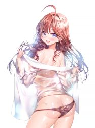 Rule 34 | 10s, 1girl, :3, ahoge, aile (crossroads), ass, back, black panties, blush, butt crack, earrings, ichinose shiki, idolmaster, idolmaster cinderella girls, jewelry, long hair, long sleeves, looking at viewer, looking back, no bra, no pants, off shoulder, open clothes, open mouth, open shirt, panties, purple eyes, red hair, see-through, shirt, smile, solo, torn clothes, torn panties, underwear, wet, wet clothes, wet shirt