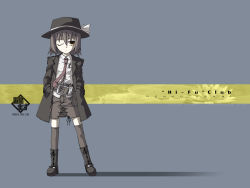 Rule 34 | 1girl, akakage red, belt, boots, breast pocket, brown hair, character name, coat, female focus, ghostly field club, hat, hat ribbon, highres, necktie, one eye closed, pocket, red (artist), ribbon, short hair, solo, touhou, usami renko, wink, yellow eyes