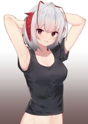 Rule 34 | 1girl, absurdres, antennae, arknights, armpits, arms behind head, arms up, bare arms, black shirt, breasts, crop top, gradient background, highres, horns, looking at viewer, medium breasts, memekko, midriff, navel, red eyes, shirt, short hair, short sleeves, silver hair, solo, upper body, w (arknights), white background