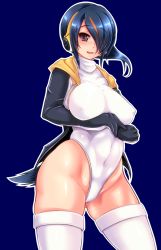 Rule 34 | 10s, 1girl, artist request, black background, black hair, breasts, covered erect nipples, curvy, emperor penguin (kemono friends), female focus, hair over one eye, highres, kemono friends, large breasts, leotard, long hair, multicolored hair, shiny skin, smile, solo, thighhighs, two-tone hair, white thighhighs