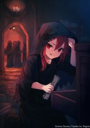 Rule 34 | 1girl, 4others, :p, arm up, black robe, brigare, candle, closed mouth, fire, hair between eyes, holding, hood, hood up, hooded robe, long hair, long sleeves, looking at viewer, makihitsuji, multiple others, official art, red eyes, red hair, robe, smile, solo focus, tongue, tongue out, v-shaped eyebrows, watermark, wide sleeves