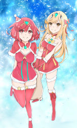 Rule 34 | 2girls, alternate costume, blonde hair, breasts, christmas, christmas dress, cleavage, dress, dual persona, gem, hair ornament, hat, headpiece, highres, jewelry, leggings, long hair, looking at viewer, multiple girls, mxsoundtube, mythra (xenoblade), pyra (xenoblade), red hair, short hair, smile, thigh strap, thighs, tiara, very long hair, xenoblade chronicles (series), xenoblade chronicles 2