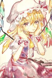 Rule 34 | 1girl, adapted costume, ascot, blonde hair, buttons, center frills, cowboy shot, crystal, flandre scarlet, frilled skirt, frills, hair between eyes, hands on own cheeks, hands on own face, hat, hat ribbon, highres, looking at viewer, medium hair, mob cap, multicolored wings, nail polish, navybluesparrow, open mouth, painting (medium), puffy short sleeves, puffy sleeves, red eyes, red nails, red ribbon, red skirt, red vest, ribbon, ribbon-trimmed headwear, ribbon trim, shirt, short sleeves, simple background, skirt, solo, teeth, touhou, traditional media, upper teeth only, vest, watercolor (medium), white background, white hat, white shirt, wings, yellow ascot