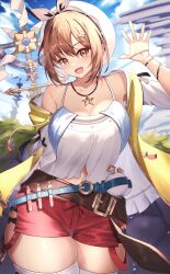 Rule 34 | 1girl, :d, absurdres, arm behind back, atelier (series), atelier ryza, atelier ryza 1, belt, beret, blue sky, blurry, blurry background, bow, bracelet, breasts, brown belt, brown hair, cloud, contrapposto, eiryu33, flask, hair ornament, hairclip, hat, hat bow, highres, holding, holding staff, jacket, jewelry, large breasts, leather belt, looking at viewer, mountain, navel, necklace, open clothes, open jacket, open mouth, outdoors, red shorts, reisalin stout, round-bottom flask, shirt, short hair, short shorts, shorts, sky, sleeveless, sleeveless jacket, sleeveless shirt, smile, solo, staff, star (symbol), star necklace, thighhighs, tower, vial, waving, white hat, white shirt, white thighhighs, yellow jacket