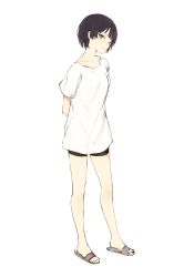 Rule 34 | 1girl, arms behind back, bad id, bad tumblr id, bare legs, black hair, blush, breasts, brown eyes, brown shorts, collarbone, expressionless, head tilt, lpip, no legwear, original, parted lips, sandals, short hair, short sleeves, shorts, simple background, slippers, solo, standing, toes, white background