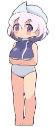Rule 34 | 1girl, arms under breasts, barefoot, blush, breasts, closed mouth, commentary request, crop top, crossed arms, full body, hat, highres, large breasts, letty whiterock, looking at viewer, one-piece swimsuit, pink hair, purple eyes, purple shirt, shirt, short hair, simple background, sleeveless, sleeveless shirt, solo, standing, swimsuit, touhou, ugif, white background, white hat, white one-piece swimsuit