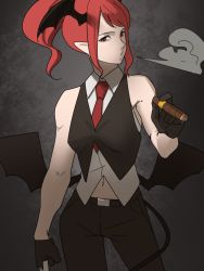 Rule 34 | 1girl, adapted costume, alternate hairstyle, amino (tn7135), bad id, bad pixiv id, bare shoulders, bat wings, belt, cigar, contrapposto, demon tail, gloves, head wings, holding, koakuma, long hair, looking at viewer, low wings, midriff peek, navel, necktie, pants, pointy ears, ponytail, red eyes, red hair, red necktie, sidelocks, sleeveless, slit pupils, smoke, smoking, solo, standing, tail, touhou, vest, wings