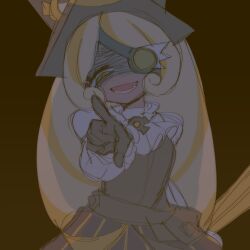 Rule 34 | 1girl, arm behind back, black dress, black gloves, black hat, blonde hair, brown background, candyseru, cookie run, dress, eyepatch, frilled shirt, frills, gloves, hat, highres, laughing, long hair, looking at viewer, lower teeth only, pointing, pointing at viewer, sanpaku, shaded face, shirt, simple background, smile, smug, solo, swept bangs, teeth, timekeeper cookie, top hat, white shirt, yellow eyes