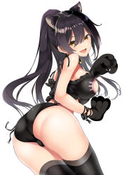 Rule 34 | 1girl, :d, animal ear fluff, animal ears, animal hands, ass, bare arms, bare shoulders, bell, black choker, black hair, black thighhighs, bra, breasts, cat cutout, cat ears, cat girl, cat lingerie, cat paws, choker, cleavage cutout, clothing cutout, commentary request, cowboy shot, frilled bra, frills, from behind, hair between eyes, head tilt, highres, idolmaster, idolmaster shiny colors, inuzumi masaki, jingle bell, long hair, looking at viewer, looking back, medium breasts, meme attire, open mouth, panties, ponytail, shirase sakuya, side-tie panties, sidelocks, simple background, smile, solo, standing, thighhighs, underwear, underwear only, white background, yellow eyes