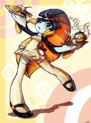 Rule 34 | 1girl, :o, apron, artist name, blue skin, blush, blush stickers, colored skin, fins, fish girl, food, highres, irootie, mary janes, minette (skullgirls), monster girl, motion lines, shoes, skullgirls, solo, standing, standing on one leg, sushi, tea, teapot, thighhighs, tray, yellow eyes