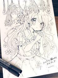 Rule 34 | 1girl, animal ears, art tools in frame, blush, cat ears, center frills, character name, closed mouth, collared dress, commentary request, dress, flower, flower request, frills, fushigi na neko no machi meltier, greyscale, highres, interlocked fingers, long hair, looking at viewer, moco (fushigi na neko no machi meltier), monochrome, own hands clasped, own hands together, photo (medium), sakura oriko, short sleeves, solo, traditional media, very long hair