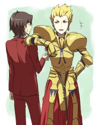 Rule 34 | 2boys, armor, bad id, bad pixiv id, beard, blonde hair, cup, drinking glass, earrings, closed eyes, facial hair, fate/stay night, fate/zero, fate (series), formal, gilgamesh (fate), hand on own hip, hand on shoulder, hip focus, horikawa410, jewelry, multiple boys, red eyes, tohsaka tokiomi, wine glass