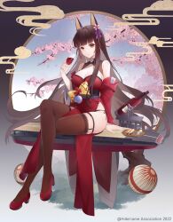 1girl akagi_(warship_girls_r) alcohol animal_ears ball bare_shoulders black_thighhighs blunt_bangs bottle breasts brown_eyes brown_hair brown_thighhighs cherry_blossoms chichengde_haotidu_afusang china_dress chinese_clothes cleavage crossed_legs cup dango detached_sleeves dress drinking_glass flower food full_body garter_straps hair_flower hair_ornament high_heels highres holding large_breasts long_hair looking_at_viewer official_alternate_costume panties pelvic_curtain red_dress red_footwear red_wine ribbon sanshoku_dango sash side-tie_panties side_slit sitting smile solo sushi sushi_molcar_(shrimp) thighhighs underwear very_long_hair wagashi warship_girls_r wide_sleeves wine wine_bottle wine_glass