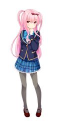 Rule 34 | 1girl, black leggings, blazer, blue jacket, bow, bowtie, breasts, character name, girlfriend (kari), hair bow, jacket, kagami matsuri, leggings, long hair, mary janes, official art, pink eyes, pink hair, plaid, plaid skirt, pleated skirt, qp:flapper, ribbon, shirt, shoes, simple background, skirt, small breasts, smile, solo, two side up, white background, white shirt, wrist cuffs
