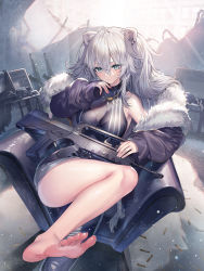 Rule 34 | 1girl, ak-47, animal ears, armpits, assault rifle, bare legs, bare shoulders, barefoot, black jacket, black shirt, black skirt, blouse, breasts, bullpup, chair, cleavage, earrings, feet, fur trim, grey eyes, grey hair, gun, hand up, heirou, highres, hololive, jacket, jewelry, kalashnikov rifle, large breasts, leg up, lion ears, long hair, long sleeves, looking at viewer, miniskirt, necklace, off shoulder, open clothes, open jacket, puffy sleeves, rifle, see-through, see-through cleavage, shirt, shishiro botan, shishiro botan (1st costume), sitting, skirt, sleeveless, sleeveless shirt, solo, thighs, two side up, virtual youtuber, weapon, weapon request