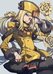 Rule 34 | 1girl, bad id, bad twitter id, black pantyhose, black skirt, blonde hair, blue eyes, character request, commentary request, cowboy shot, flower, grey background, guilty gear, hair flower, hair ornament, hand up, hat, highres, jacket, jewelry, long sleeves, looking at viewer, one eye closed, pantyhose, parted lips, prehensile hair, ring, samei ikusa, simple background, skirt, solo, yellow jacket